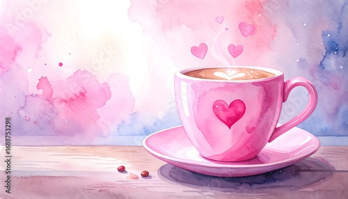 Watercolor cup of coffee with hearts