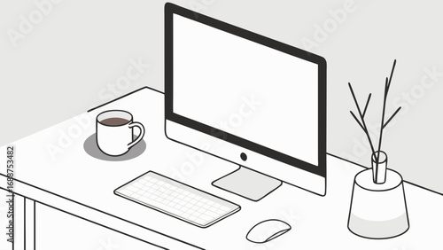 Modern minimalist workspace illustration desktop computer keyboard mouse coffee mug simple decor.