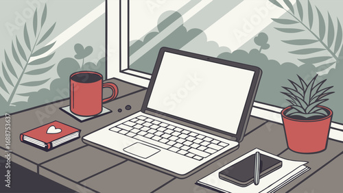 Modern workspace with laptop plants and coffee near window illustrating remote work home office and productivity.