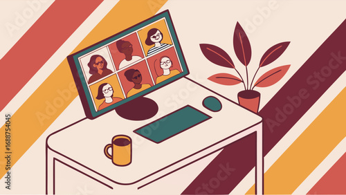 Online Meeting Video Conference Remote Work Desk Setup Home Office Team Collaboration Diverse Team Modern Workplace Technology Illustration Flat Design Graphic Design Work from Home Virtual Meeting O.