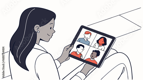 Online Video Conference Virtual Meeting Remote Work Tablet Illustration.