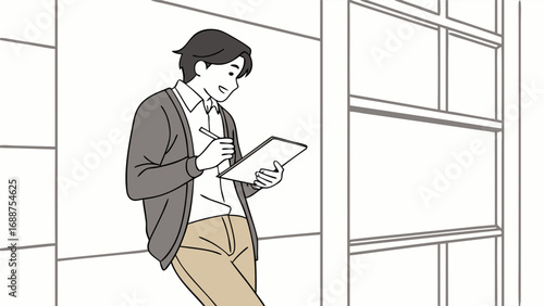 Person taking notes on tablet minimalist illustration modern office style casual business simple design note taking business person working professional productivity digital note planning strategy id.