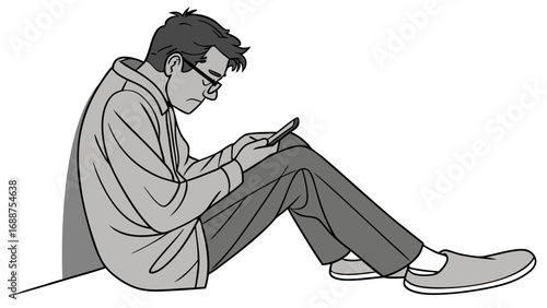 Person sitting on the ground using a smartphone.