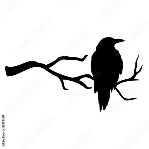 Logo con silueta de cuervo negro en rama de árbol para su uso en invitaciones y tarjetas de Halloween