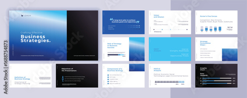 Abstract powerpoint presentation templates set, blue color identity presentation background, banner template, brochure, landing page, company profile, business design package set, vector illustration.