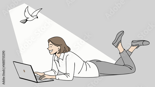Relaxed woman working on laptop with a bird flying overhead peaceful illustration.
