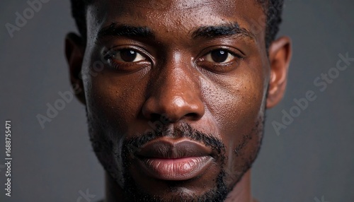 A close-up portrait of a Black man. The subject is looking directly at the viewer with a neutral expression. 