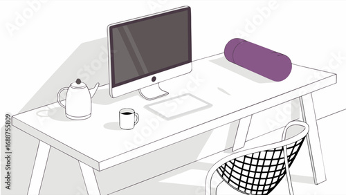Simple minimalist home office desk workspace illustration computer chair kettle coffee mug yoga pillow.