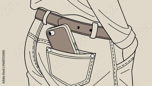 Smartphone in back pocket casual style illustration minimalist design fashion apparel technology jeans pocket detail clothing detail vector art.