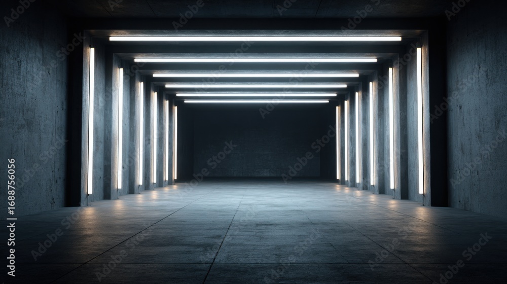 A spacious concrete area featuring sleek lines of illumination along the walls, creating a modern and minimalistic ambiance. The design emphasizes depth and simplicity with stark lighting. A spacious concrete area featuring sleek lines of illumination along the walls, creating a modern and minimalistic ambiance. The design emphasizes depth and simplicity with stark lighting.