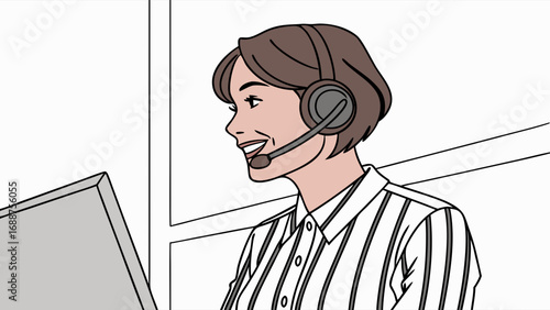 Smiling Customer Service Representative with Headset at Computer.