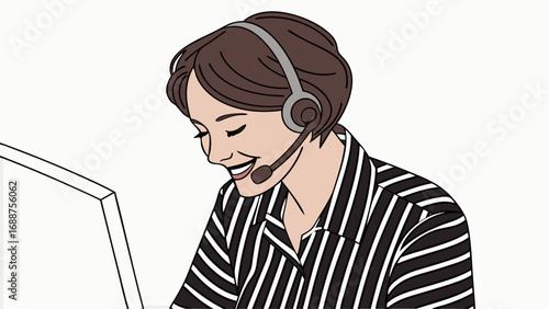 Smiling customer service representative wearing headset and striped shirt working on computer.