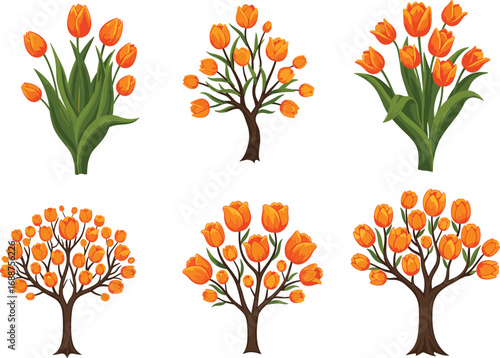 Orange tulip flower tree illustration set, spring botanical clipart, blooming floral design, nature graphic element, isolated vector art