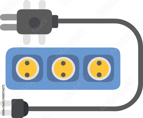 Illustration of an electrical power strip with three sockets and a plug connected by a cord, symbolizing connectivity and power supply for multiple devices
