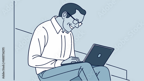 Smiling man working on laptop computer illustration digital art graphic design technology business freelance remote work online internet communication connection modern simple minimalist vector artwo.