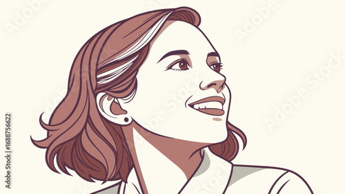 Smiling woman portrait happy female face brown hair line art illustration vector graphic design profile view head and shoulders modern art stylish elegant confident positive upbeat joyful cheerful be.