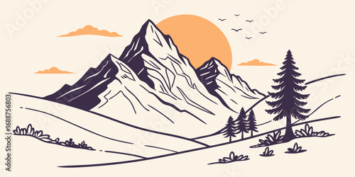Serene Sunset Mountain Landscape Illustration