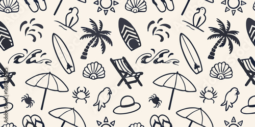 Hand drawn seamless pattern of beach and summer elements with palm trees surfboards and sun