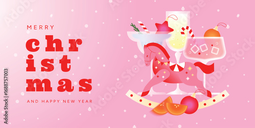 Merry Christmas and Happy New Year 2026 festive design with colorful cocktails, champagne glasses, rocking horse toy, oranges, gradient pink background with snow. Vector flat holiday party card