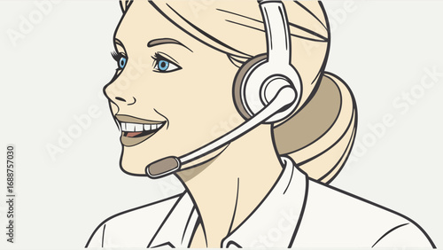 Smiling woman wearing headset customer service illustration support agent help desk call center operator communication technology business professional portrait communication helpline assistance serv.