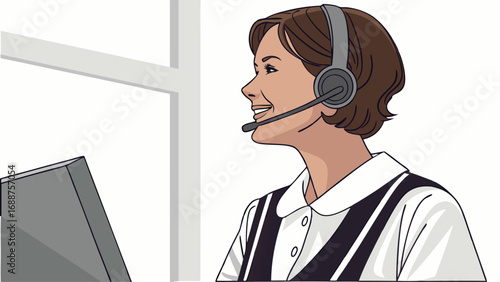 Smiling woman wearing headset customer service help desk support illustration.