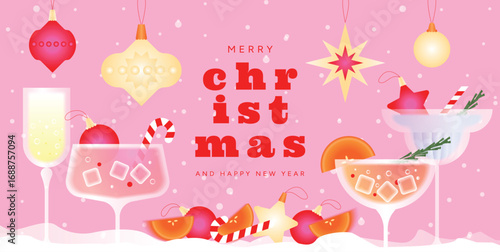 Merry Christmas and Happy New Year 2026 festive card with colorful cocktails, champagne glasses, oranges, candy canes, Christmas ornaments, gradient pink background with snow. Vector holiday design