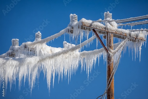Frozen power lines covered in ice against blue sky