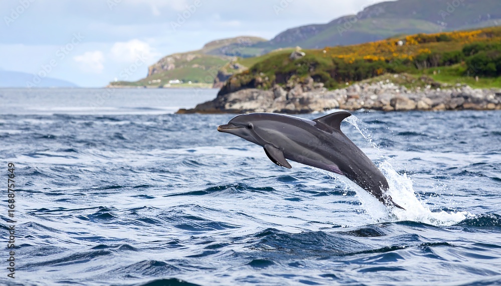 Fototapeta premium Dolphin leaping in a coastal scene
