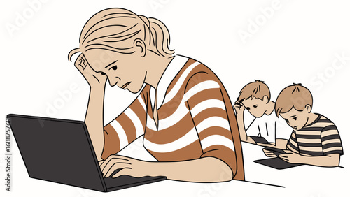 Stressed mother working on laptop with children using tablets.