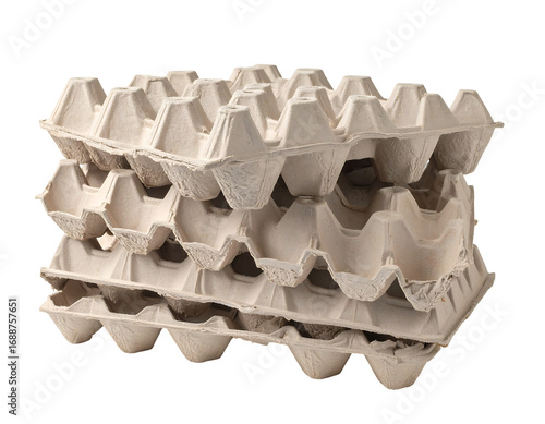 Stack of Used Light Beige Cardboard Egg Cartons on Transparent Background