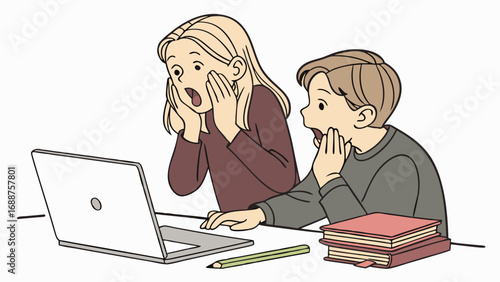 Surprised children looking at laptop screen amazed expression online learning homework study technology education kids children boy girl excited shocked reaction computer notebook screen digital inte.
