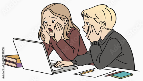 Surprised Children Looking at Laptop Screen Shocked Expression Cartoon Illustration.