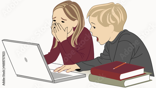 Surprised children looking at laptop screen shocked expression online learning homework technology education children kids girl boy illustration vector graphic design digital art surprised shocked am.