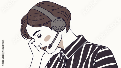 Tired Customer Service Representative Headset Stress Illustration Portrait.