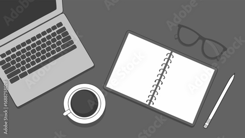 Top View Flatlay of Workspace with Laptop Notebook Coffee and Glasses.