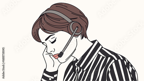 Tired Customer Service Representative Headphone Illustration Vector Art Business Support Stress Tiredness Office Worker.