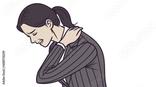 Woman experiencing neck pain tired businesswoman stress exhaustion office worker illustration.