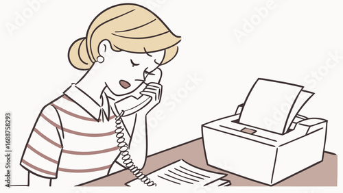Woman on phone at office desk with printer and documents.
