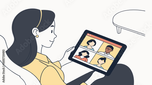 Woman using tablet for online meeting video conference call remote work home office communication technology illustration.