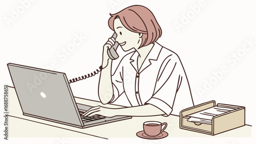 Woman working on laptop and phone call office illustration business communication concept.