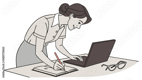 Woman working on laptop and taking notes in notebook.