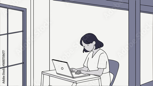 Woman working on laptop at desk minimalist illustration simple design home office remote work freelance technology digital nomad productivity business work from home computer internet online graphic .
