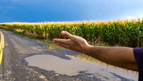 Open hand outstretched on a country road