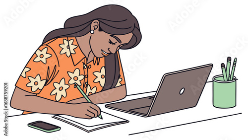 Woman writing in notebook at desk with laptop phone and pencils illustration flat design digital art work from home concept.