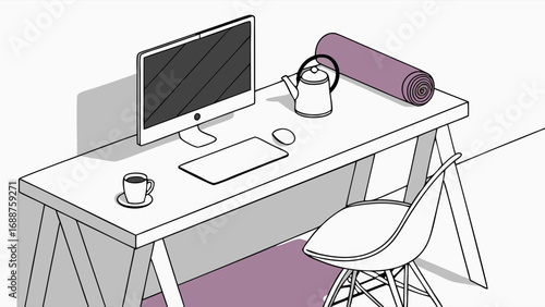 Work From Home Setup Desk with Computer Yoga Mat Kettle and Chair Illustration.