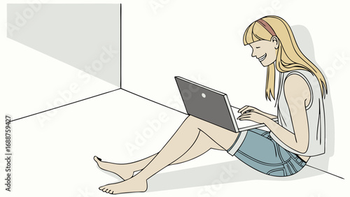 Young Woman Using Laptop Computer Casual Home Office Digital Nomad Lifestyle Illustration.