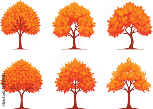 Set of six bright orange autumn trees illustration, seasonal fall foliage clipart, vector forest elements, colorful nature design for decoration