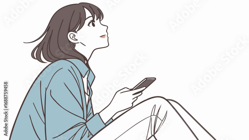 Young woman using smartphone looking up minimalist illustration simple line art profile view.