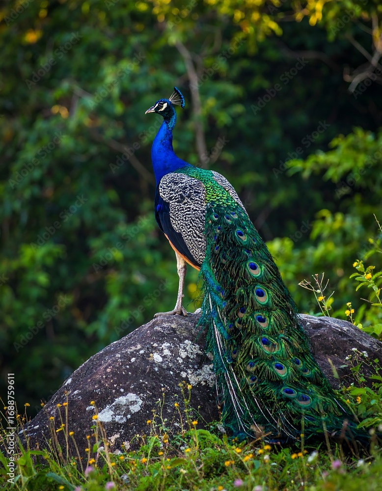 Naklejka premium Majestic peacock on a rock