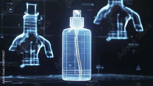 Futuristic dispenser bottle projecting hologram on dark background